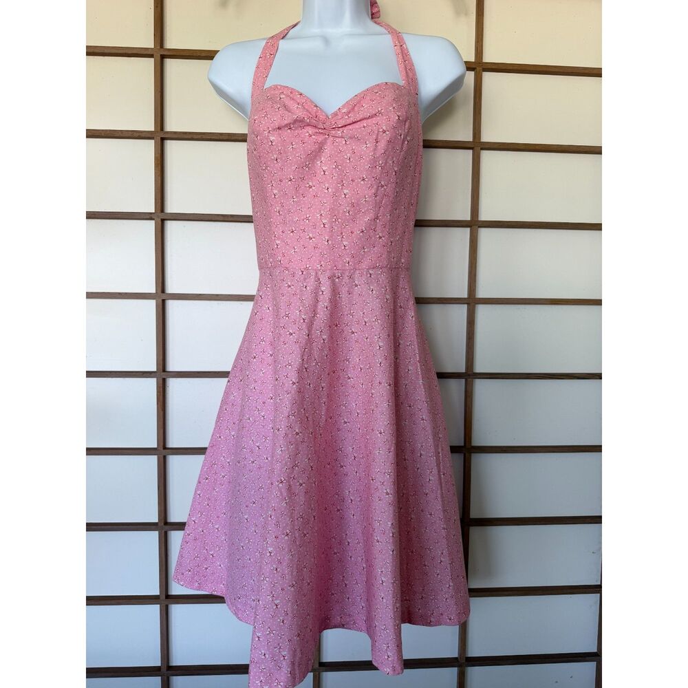 Vintage Pink Bow Print Halter Fit & Flare Dress Sweetheart S/M